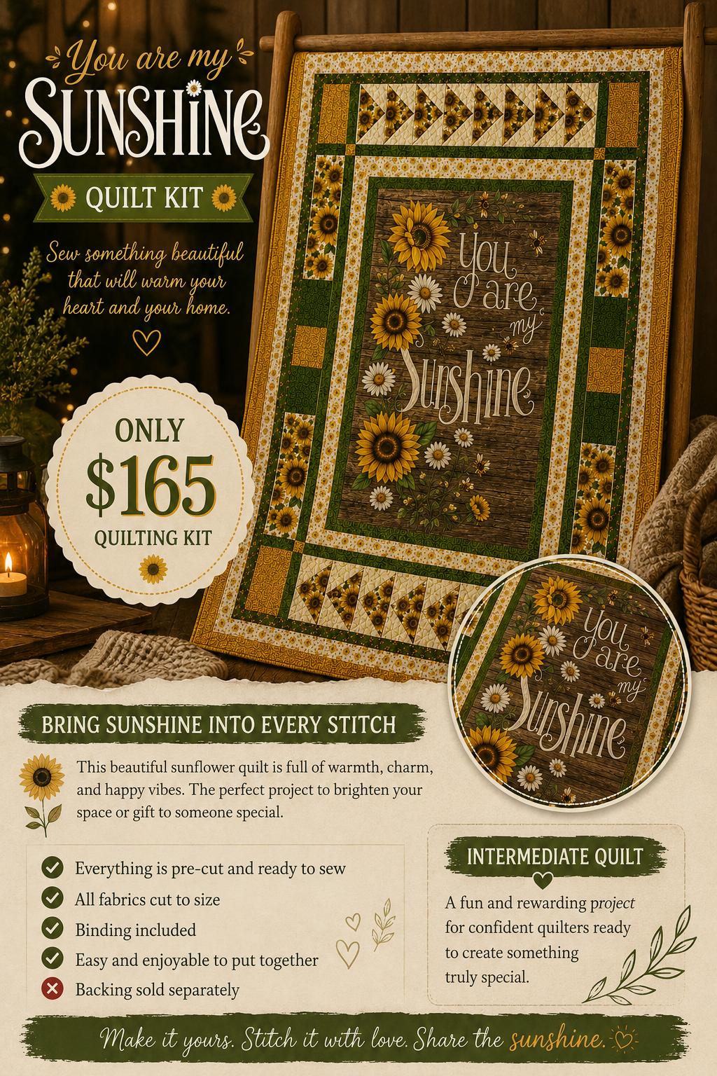 "You Are My Sunshine" Sunflower Quilt Kit – Intermediate
